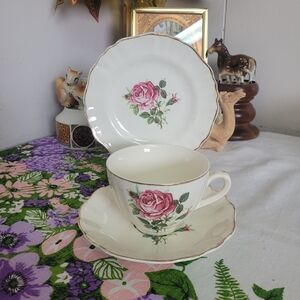 Vintage Floral Rose Tea Cup, Saucer, Dessert Plate Set England
